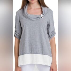 Neon Buddha Womens Tunic Top Size M Gray White Roll Tab Lagenlook Hippie Casual